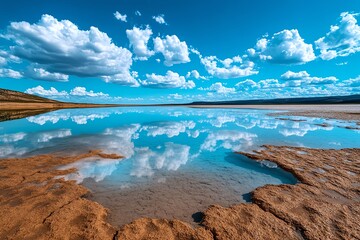 Lake in a vast, open plain, captured in a photo that emphasizes the expanse of water and sky, creating a sense of freedom