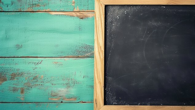 Educational blackboard with wooden edges against a soft teal background, top view Ideal banner template for school concepts, providing ample space for design