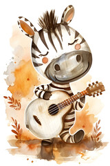 cute zebra play guitar illustration watercolor style