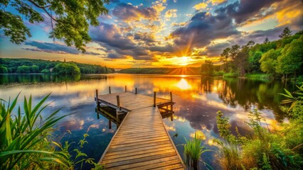 Vibrant summer sun sets over serene Connecticut lakeside, warm golden light dancing across tranquil water, lush green foliage, and rustic wooden dock infrastructure.