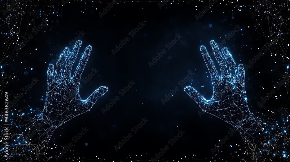 Poster futuristic hands reaching out in a digital network of light and connection