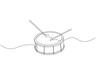 Continuous line drawing of drum and sticks. Single line illustration of drum and sticks. National drumming day concept. Editable outline