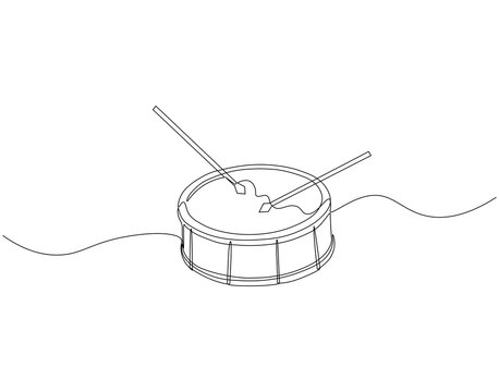 Continuous line drawing of drum and sticks. Single line illustration of drum and sticks. National drumming day concept. Editable outline