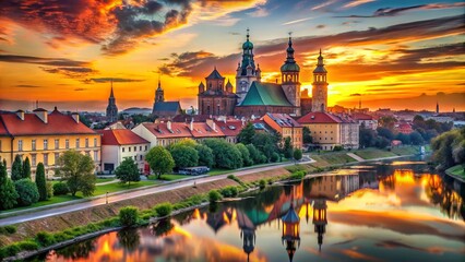 Obraz premium Vibrant sunset casts a warm glow over Poznan's historic cityscape, showcasing the majestic Cathedral of St. Peter and St. Paul and the Warta River.