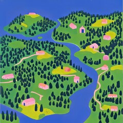 Naklejka premium A vibrant illustration of a serene island landscape with lush greenery and a tranquil river