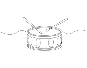Continuous line drawing of drum and sticks. Single line illustration of drum and sticks. National drumming day concept. Editable outline