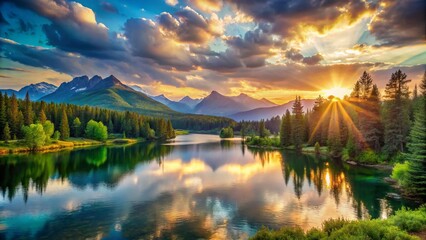 Fototapeta premium Vibrant sunset over tranquil landscape with lush green trees, sparkling lake, and majestic mountains, evoking a sense of serenity, peace, and appreciation for natural beauty.