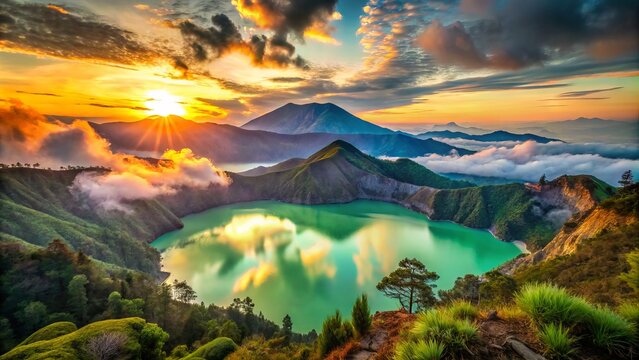 Vibrant sunset over the majestic Ijen Crater Lake in Banyuwangi, East Java, Indonesia, with lush green hills and misty clouds reflecting on the tranquil water.