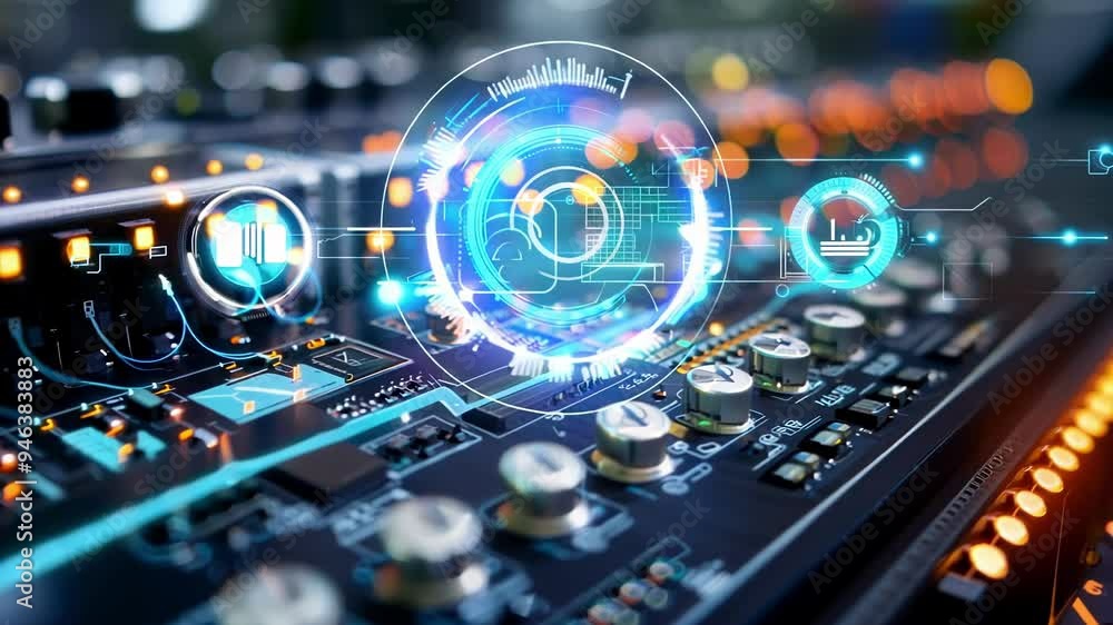 Poster cutting edge printed circuit board with electrical components in automated industrial setting, showc
