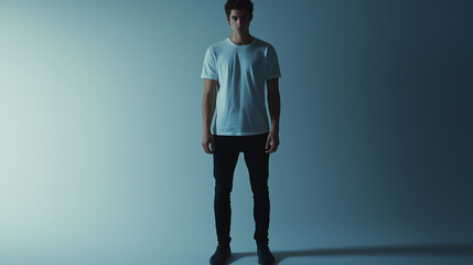 Young man wearing white t shirt mockup posing in studio