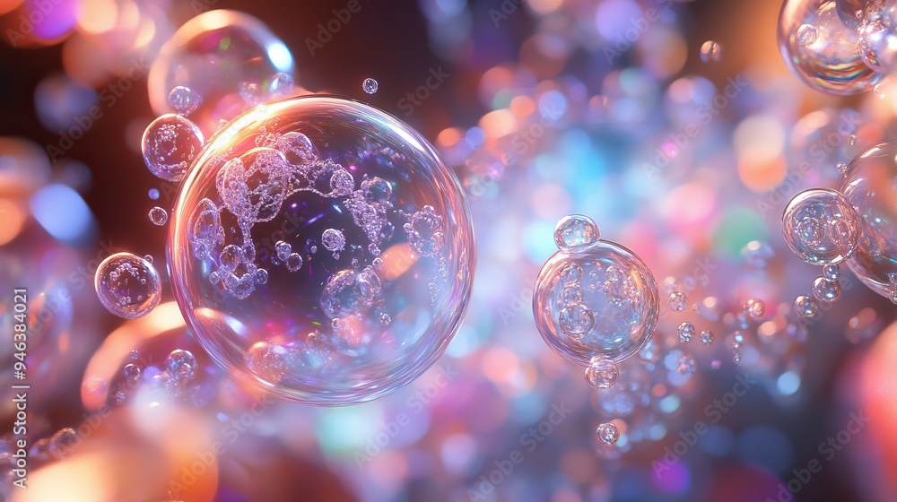 Poster ethereal bubbles intermingling with molecular patterns, creating a harmonious scientific visualizati