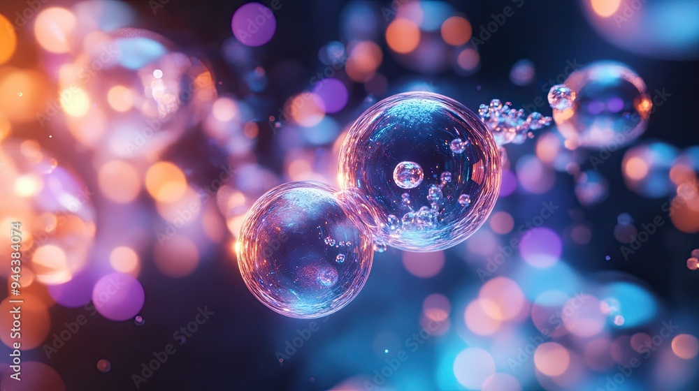 Poster ethereal bubbles intermingling with molecular patterns, creating a harmonious scientific visualizati