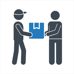 Delivery icon. Receiving parcel from delivery man. Cardboard box icon
