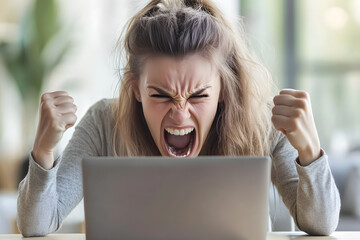 Angry woman getting mad in front of a laptop. Woman receiving bad news, making a mistake