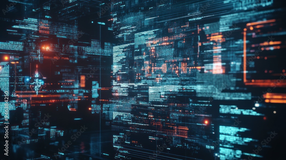 Poster abstract digital data stream with blue and orange glowing lines