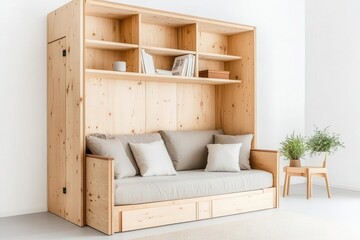 Modern wooden sofa with shelves, offering stylish storage and comfort for contemporary living spaces.