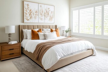 Elegant bedroom with a cozy bed, stylish decor, and warm tones, perfect for a peaceful retreat.