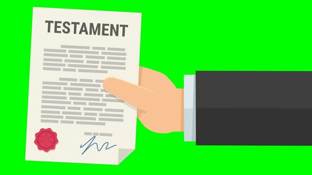 A hand presents a testament from the right on green screen with alpha channel (flat design)	