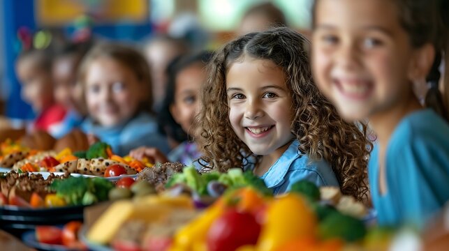 bustling primary school cafeteria where children from diverse backgrounds : Generative AI