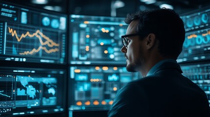 Fototapeta premium Analyzing Complex Data Trends in a High-Tech Digital Workspace