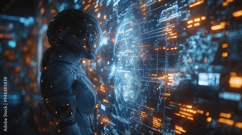 Poster a futuristic holographic system displays vibrant data around a figure in a space suit, creating an i