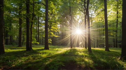The sun is shining through the trees in the forest