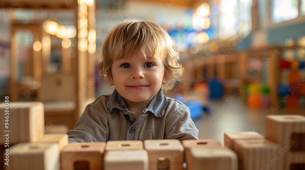 Aufkleber toddler boy playing blocks at the table : Generative AI
