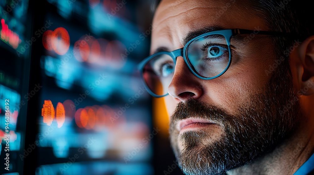 Poster analyzing complex data trends in a high-tech digital workspace