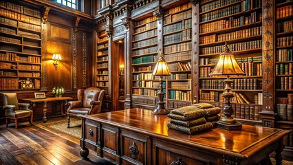 Vintage leather-bound tomes, antique manuscript pages, and ornate wooden bookshelves evoke the rich cultural heritage of centuries past in a nostalgic library setting.