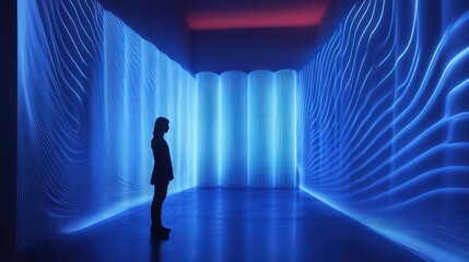 A Silhouette of a Woman Standing in a Room with Blue Neon Lights