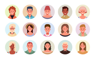 Collection of diverse people avatars in circular frames. Vector illustration of multiethnic user portraits. Flat cartoon male and female characters icons.
