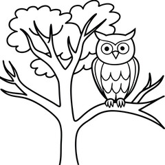 A whimsical tree with a friendly owl perched on a branch for kids to color and enjoy
