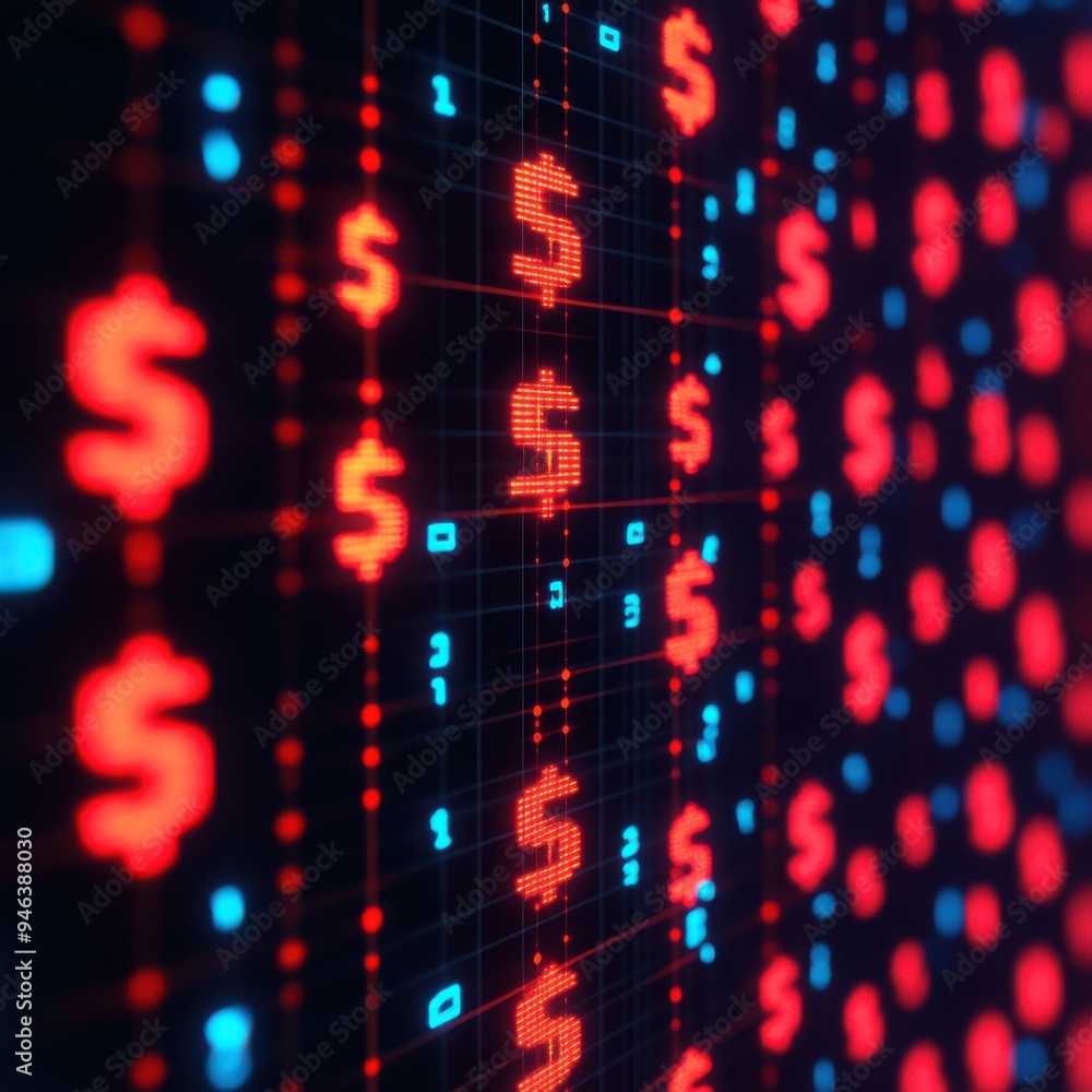 Poster floating currency symbols around a 3d grid, visualizing the digital distribution of money in a globa
