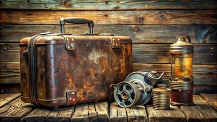 Vintage suitcase, rusted engine block, and oil can on aged wooden planks, evoking nostalgia for forgotten journeys and mechanical relics of a bygone era.