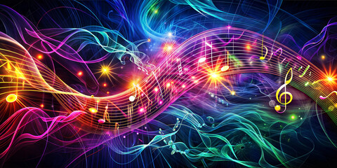 Harmonic scale, musical notes soar in the air filled with colour, light and sound. It is ideal for music concert posters, shows, reviews, concerts and performances. Background, wallpaper, card, banner