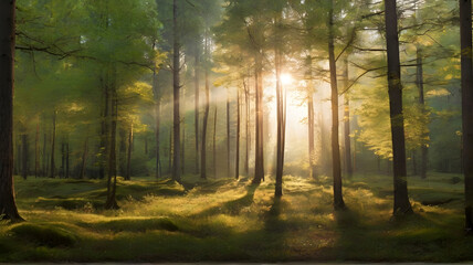 Naklejka premium The sun is shining through the trees in the forest