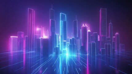 Neon-lit Wireframe Skyscrapers in a Futuristic Cityscape
