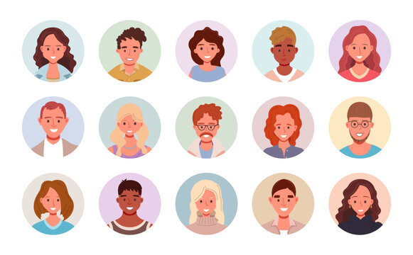 Diverse people avatars collection in circular icons. Multiethnic user portraits in vector illustration. Flat cartoon male and female faces.