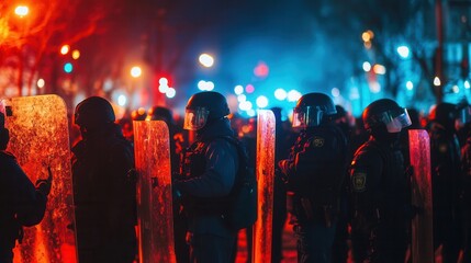 Law enforcement stands resilient with riot shields as protesters rally for their rights under a colorful night sky, highlighting community tensions. Generative AI