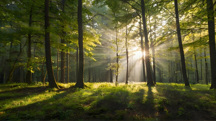 Fototapeta premium The sun is shining through the trees in the forest