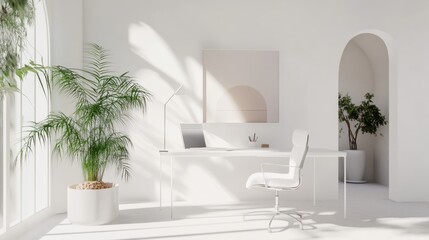 A white office with a desk and a potted plant