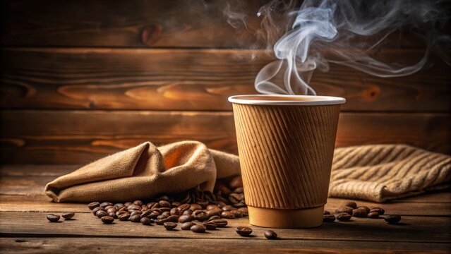 Warmly lit, rustic brown paper cup filled with steaming hot coffee, surrounded by subtle creases and folds, evoking a cozy morning atmosphere.