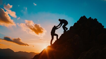 Dynamic shot of a leader helping another up, with focus on the connection and trust between them, symbolizing supportive leadership