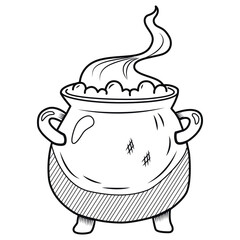 Magic witch's cauldron with potion vector hand drawn illustration. Boho chic tattoo, poster print design vector line art illustration