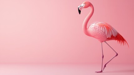 A graceful flamingo stands on one leg against a soft pink background, symbolizing beauty, grace, and tropical paradise. This minimalist image evokes a sense of tranquility and elegance, making it perf