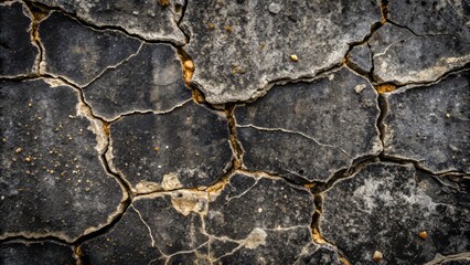 Weathered, grimy black stone or concrete surface with intricate cracks, crevices, and subtle texture, exuding a sense of age, decay, and urban grittiness.