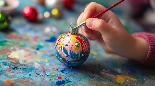 A close-up of a childs hands painting a Christmas ornament with festive colors