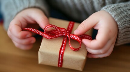 A close-up of a childs hands tying a ribbon around a handmade Christmas gift