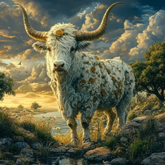 A majestic, long-haired white bull adorned with flowers stands by a serene riverside at sunset, with dramatic clouds and flying birds in the background, Ideal for nature, agriculture