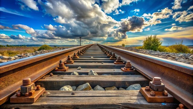 Weathered parallel steel rails converge into the distance, flanked by worn wooden ties and rusty bolts, against a blurred blue sky with wispy white clouds.